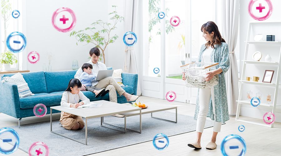 プラズマクラスターイオンが、気流に乗ってお部屋に広がるイメージ