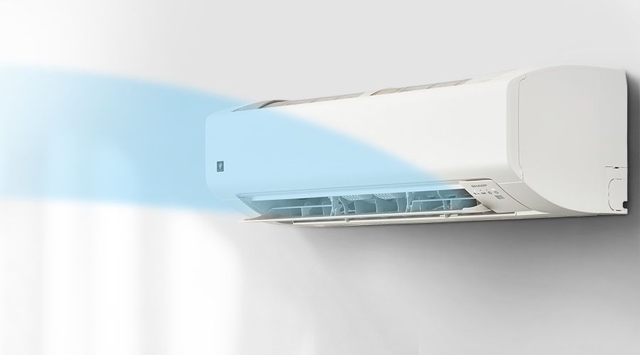 ロング気流で遠くまで風を届けるイメージ。ロング気流15m(急速時)、微風11m