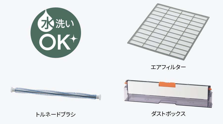 水洗いOKなパーツはエアフィルター、トルネードブラシ、ダストボックス。