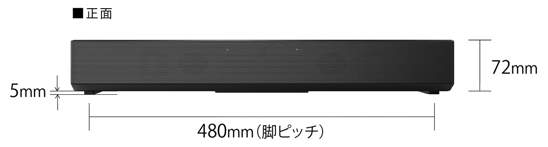 HT-SB700:正面寸法、脚ピッチ幅480mm×高さ72mm、脚の高さ5mm