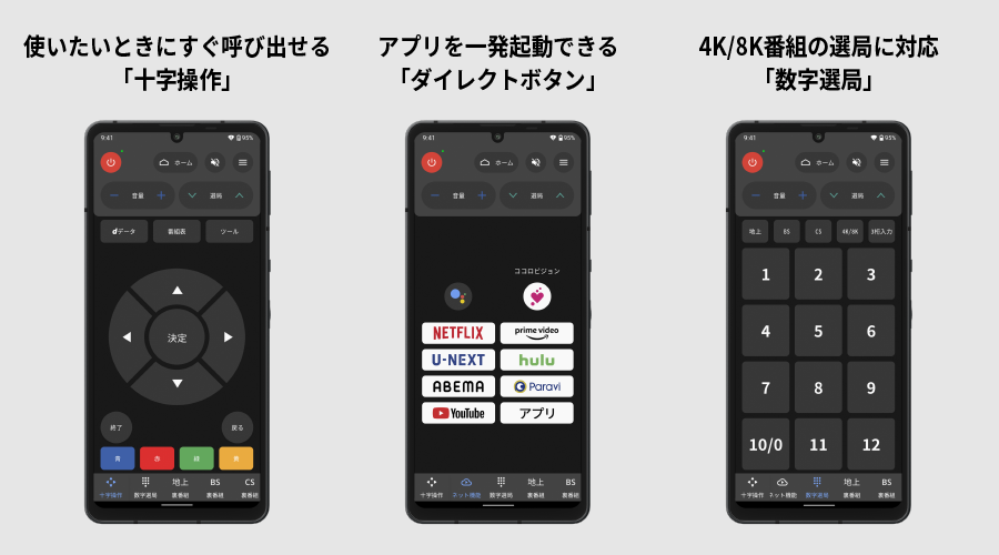 使いたいときにすぐ呼び出せる「十字操作」、アプリを一発起動できる「ダイレクトボタン」、4K/8K番組