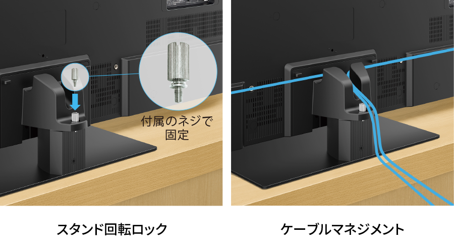 スタンド回転ロックとケーブルマネジメントの構造イメージ