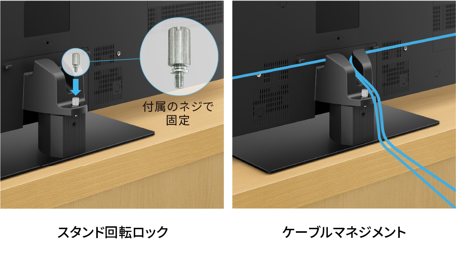 スタンド回転ロックとケーブルマネジメントの構造イメージ