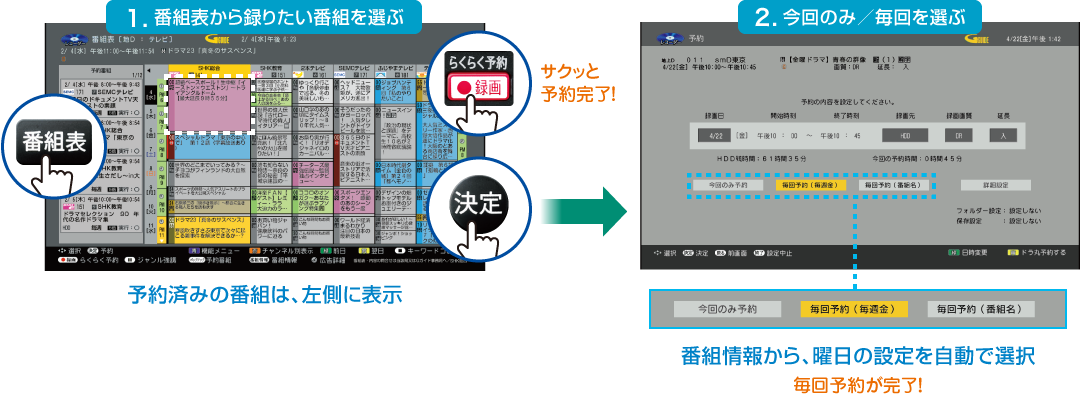 イメージ画像:細かい設定をしなくても、かんたんに毎回予約。［らくらく予約 ＆ かんたん毎回予約］