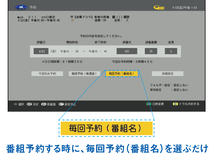 イメージ画像：不定期放送や放送日・時間が大幅に変更された番組も録り逃さない［番組名繰り返し予約］
