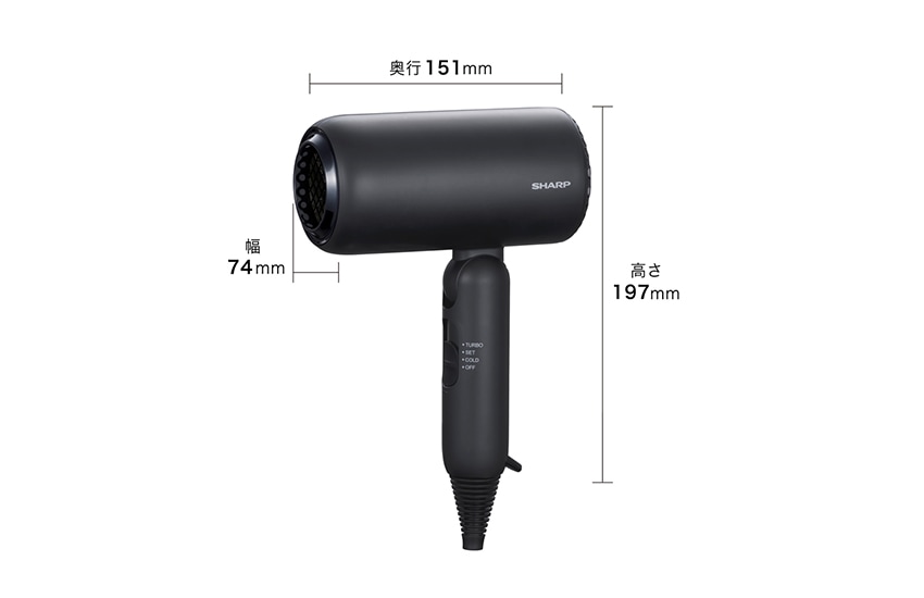 IB-P300の寸法図。奥行151mm、幅74mm、高さ197mm