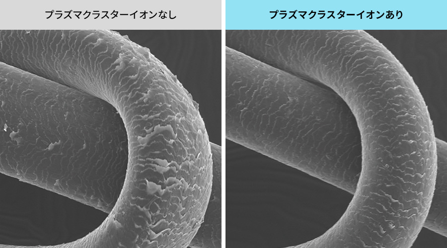 プラズマクラスターイオン有無による、キューティクルの状態比較イメージ