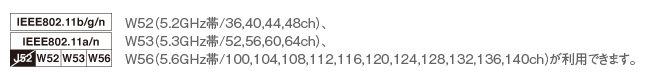 W52（5.2GHz帯/36,40,44,48ch）、
W53（5.3GHz帯/52,56,60,64ch）、
W56（5.6GHz帯/100,104,108,112,116,120,124,128,132,136,140ch）が利用できます。