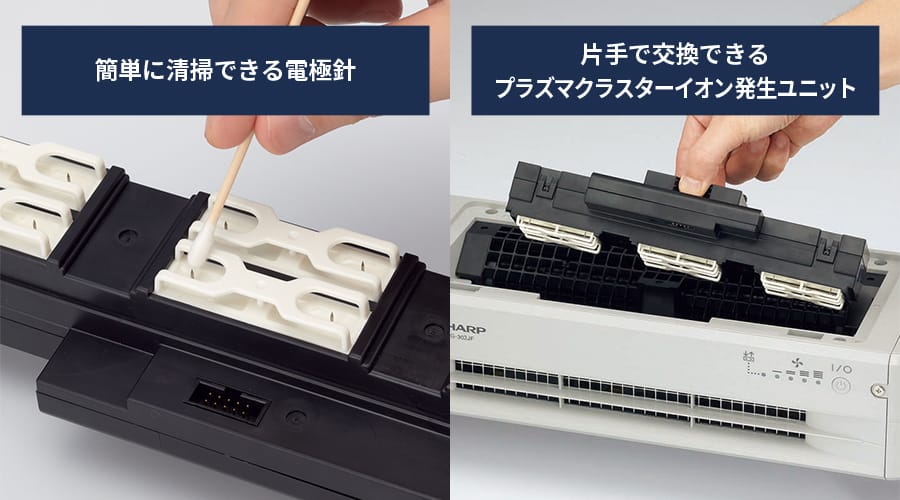 簡単に清掃できる電極針と片手で交換できるプラズマクラスターイオン発生ユニット