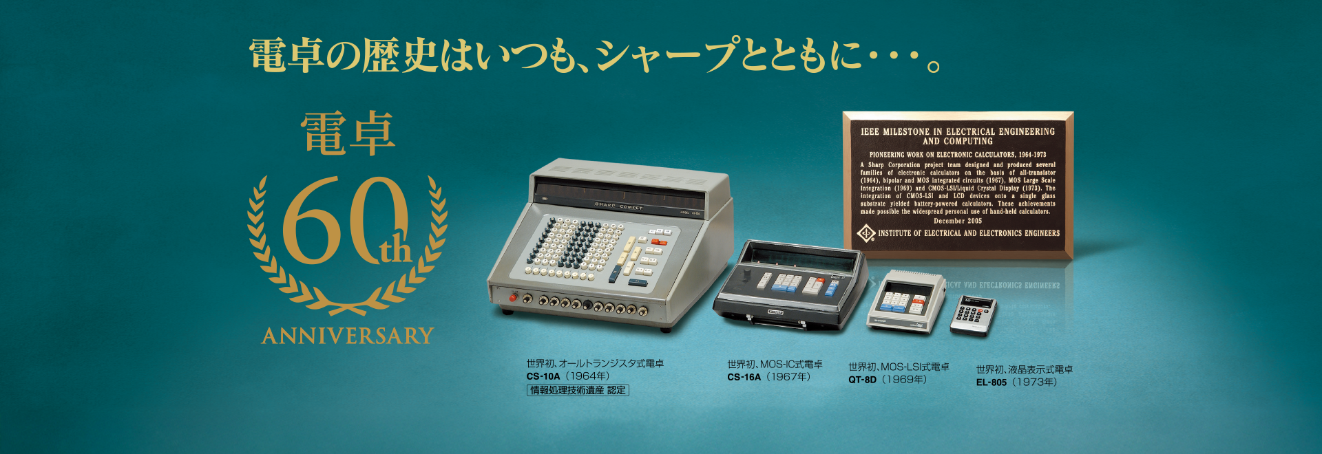 電卓の歴史はいつも、シャープとともに・・・。 液晶電卓開発物語とその進化ページへリンクします。