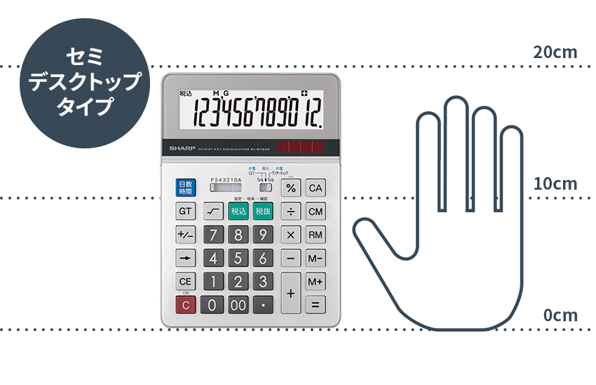 （セミデスクトップタイプ）電卓の奥行198mmと平均的な手の大きさ約180mmを並べ図示