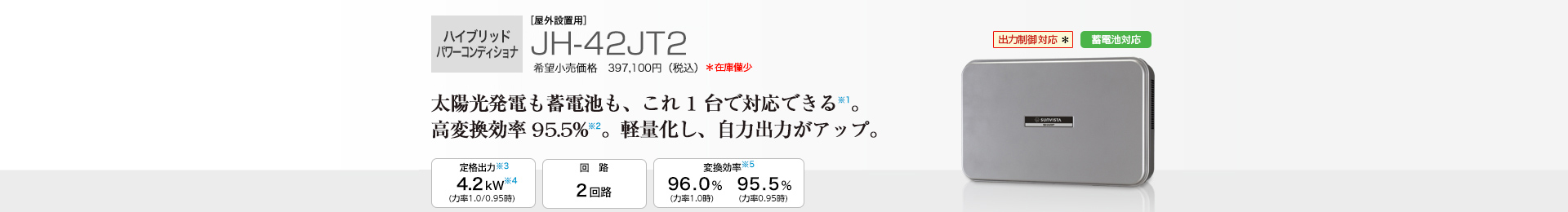 多数台連系対応モデル ［屋外設置用］JH-42JT2 希望小売価格 397,100円（税込）　太陽光発電も蓄電池も、これ1台で対応できる※1。高変換効率96.0%。軽量化し、自立出力アップ。 定格出力※2 4.2kW／回路 2回路