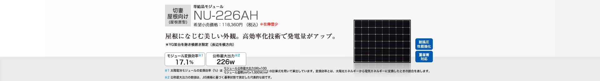 切妻屋根向け（屋根置型）単結晶モジュール NU-226AH 希望小売価格 118,360円（税込） 屋根になじむ美しい外観。高効率化技術で経つ電量アップ。 モジュール変換効率※1 17.1％／公称最大出力※2 226W