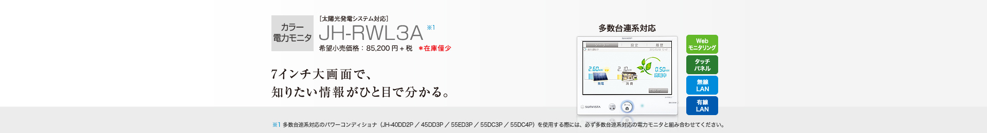 カラー電力モニタ ［太陽光発電システム対応］JH-RWL3A 希望小売価格 85,200円＋税 在庫僅少  7インチ大画面で、知りたい情報がひと目で分かる。