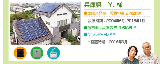 兵庫県　U.様…太陽光発電 ： 設置容量 4.93kW　蓄電池 ： 設置容量 4.2kWh　クラウドHEMS　設置時期 ： すべて2016年9月