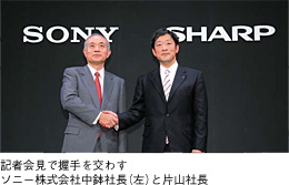 記者会見で握手を交わすソニー株式会社中鉢社長（左）と片山社長