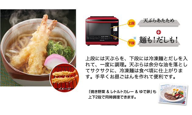 昼食 パパッと作れる、ラクラク時短ごはん！：上段には天ぷらを、下段には冷凍麺とだしを入れて、一度に調理。天ぷらは余分な油を落としてサクサクに、冷凍麺は食べ頃に仕上がります。／「焼き野菜 ＆ レトルトカレー ＆ ゆで卵」も上下2段で同時調理できます。