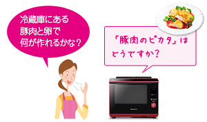 対話例：冷蔵庫にある豚肉と卵で何が作れるかな？…「豚肉のピカタ」はどうですか？