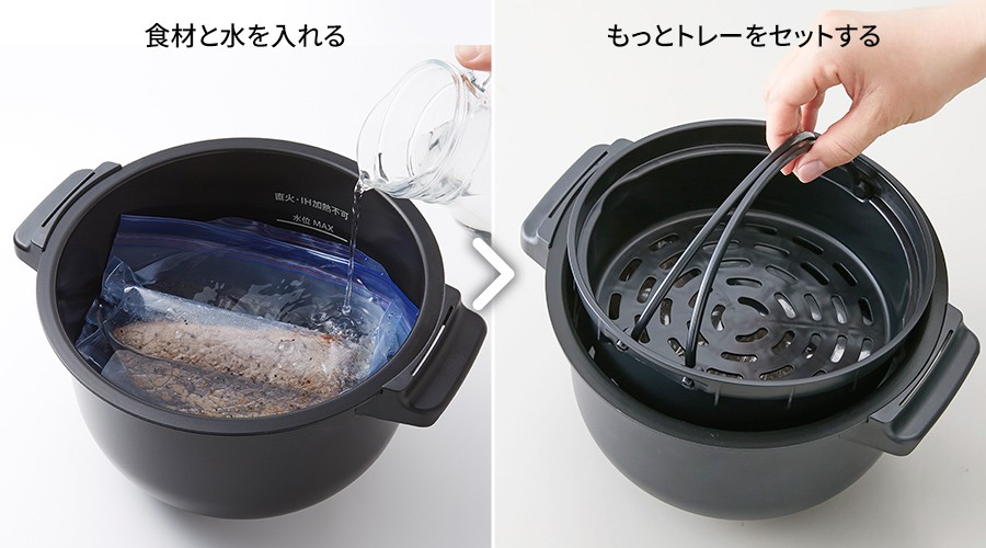 ジッパー付き食品保存袋に入れた食材と水を入れて、その上にもっとトレーをセットする
