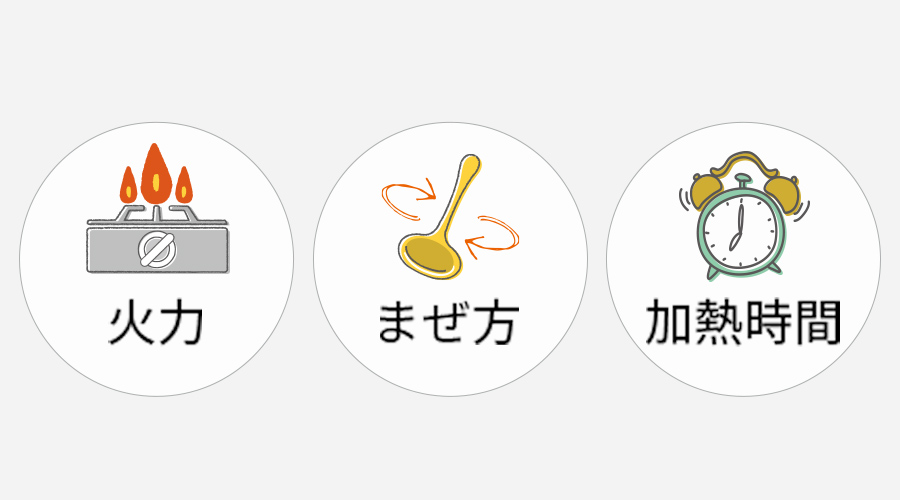 火力、まぜ方、加熱時間