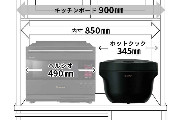 キッチンボード設置イメージ、幅900mm内寸850mmのキッチンボードには、幅490mmまでのヘルシオと幅345mmのホットクックを並べて設置できます