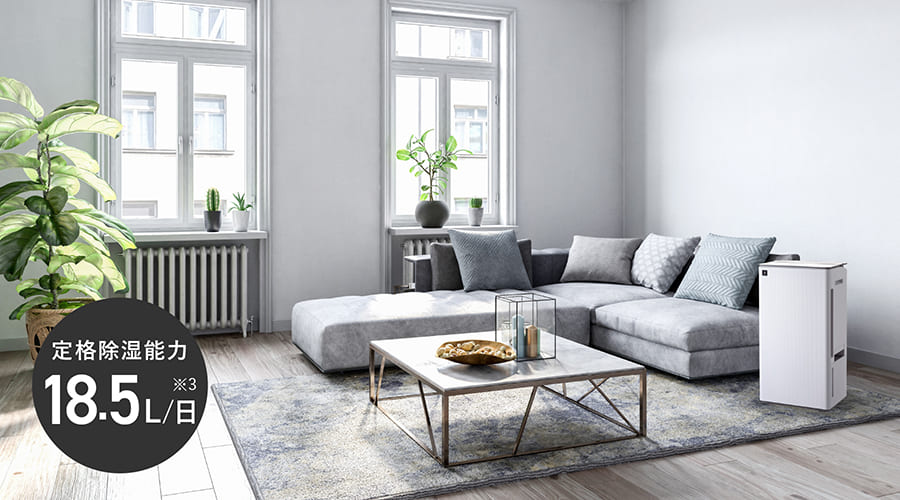 定格除湿能力18.5L/日の高い除湿性能イメージしたリビング画像。
