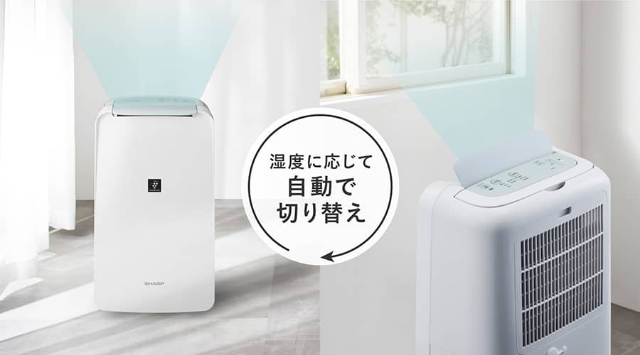 部屋の温湿度に応じて、除湿と送風を切り替えるイメージ画像。