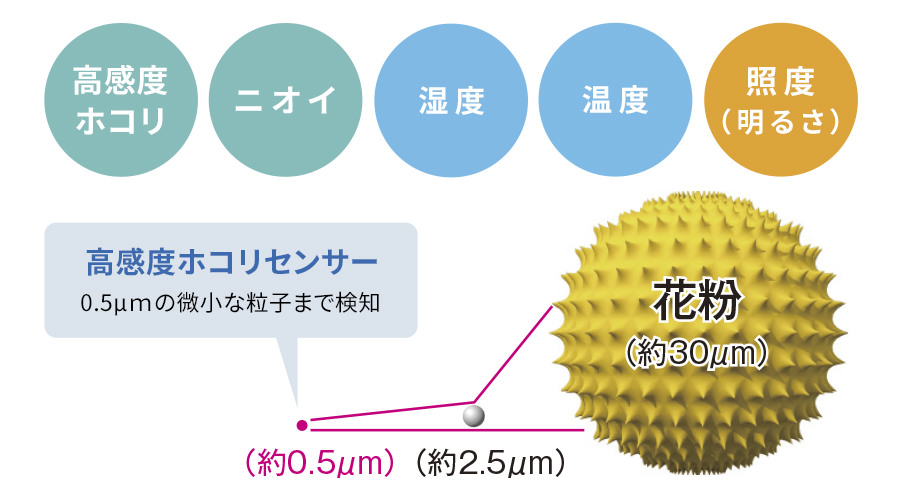 粒子の大きさイメージ、花粉は約30マイクロメートル