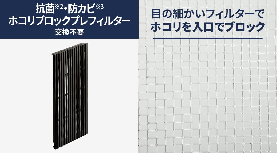 抗菌・防カビホコリブロックプレフィルターは交換不要です。目の細かいフィルターでホコリを入り口でブロック