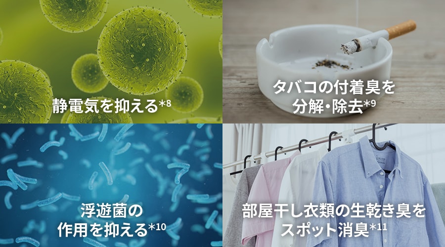 静電気を抑える。浮遊菌の作用を抑える。タバコの付着臭を分解・除去。部屋干し衣類の生乾き臭をスポット消臭