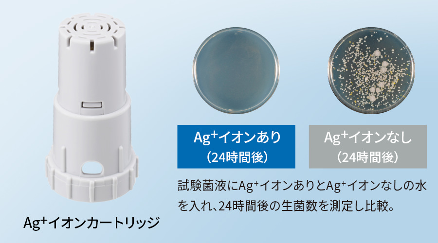 試験菌液に銀イオンありとなしの水を入れ、24時間後の生菌数を測定し比較した結果