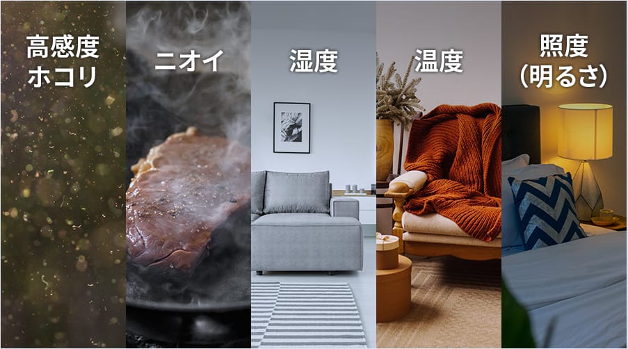 高感度ホコリ、ニオイ、湿度、温度、明るさの5つのセンサーイメージ