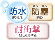 防水IPX5/8、防塵IP5X、耐衝撃MIL規格準拠