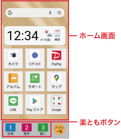 ホーム画面と楽ともボタン