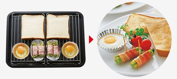 トーストと目玉焼きとアスパラベーコンの同時調理例