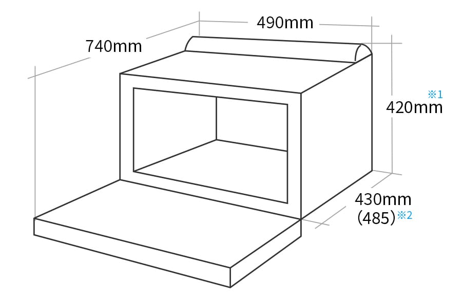 外形寸法図:幅490mm × 奥行430(ハンドル部分含め485)mm × 高さ420mm(蒸気ダクト含む)、ドアを開いた状態の奥行740mm