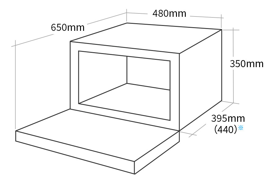 外形寸法図:幅480mm × 奥行395(ハンドル部分を含め440)mm × 高さ350mm、ドアを開いた状態の奥行650mm