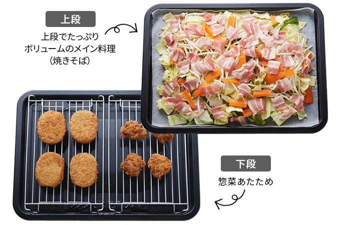 上段でたっぷりボリュームのメイン料理＋下段で惣菜あたため