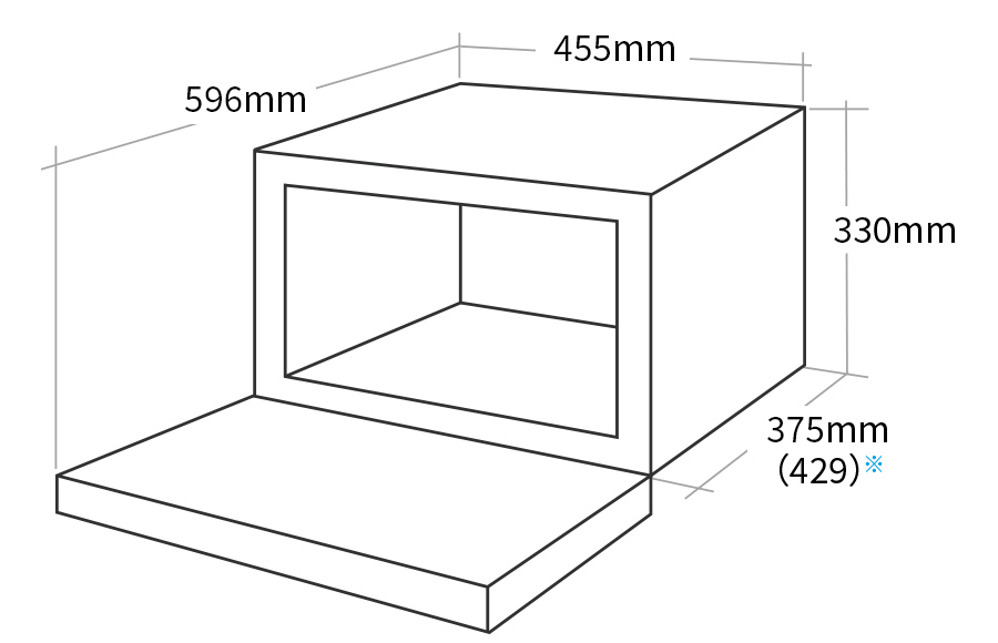 RE-WF184 外形寸法図:幅455mm × 奥行375(429)mm × 高さ330mm 扉開いた状態の奥行596mm