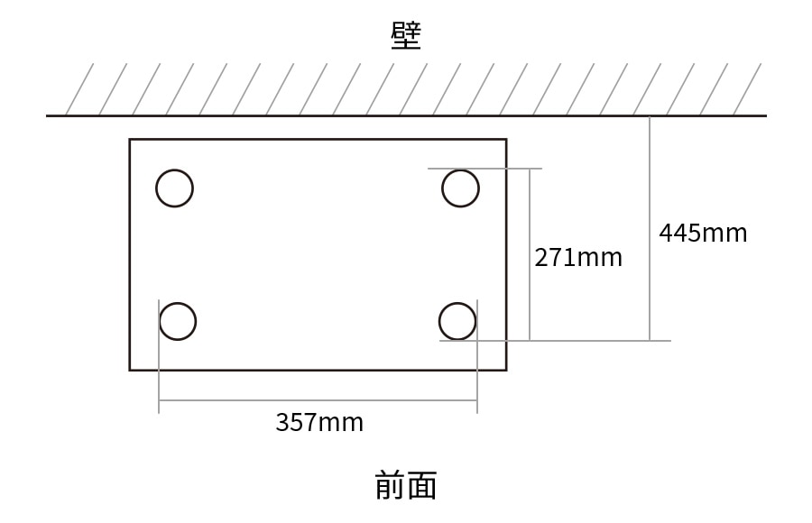 脚間寸法図、前面脚間357mm、側面脚間271mm、壁面から前面脚まで445mm