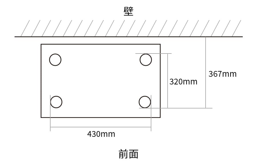 脚間寸法図、前面脚間430mm、側面脚間320mm、壁面から前面脚まで367mm