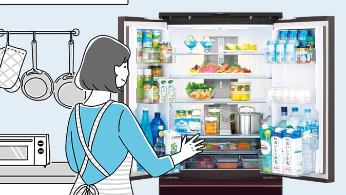 食事の準備で冷蔵庫を開閉しているイラストイメージ