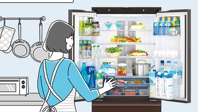 食事の準備で冷蔵庫を開閉しているイラストイメージ