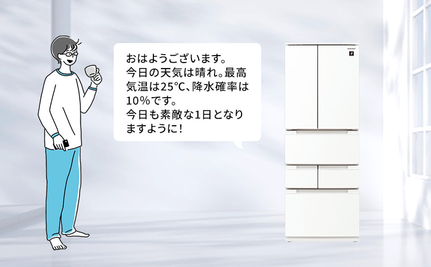 天気予報の音声例「今日の天気は晴れ。最高気温は25℃、降水確率は10%です。」