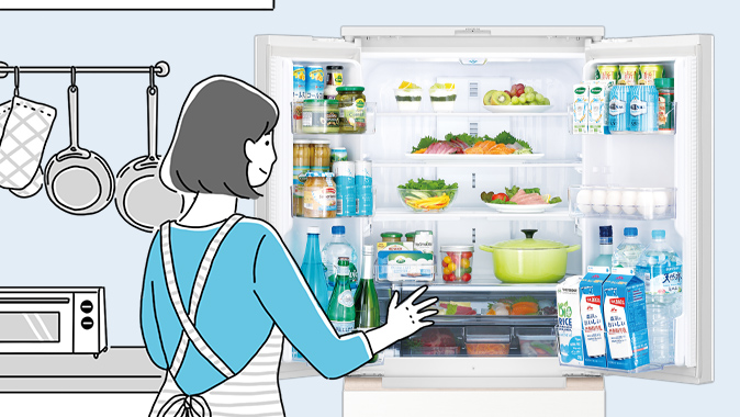 食事の準備で冷蔵庫を開閉しているイラストイメージ