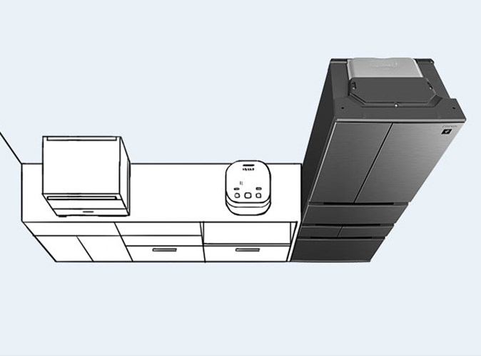 システムキッチンと冷蔵庫のラインが揃うイメージ