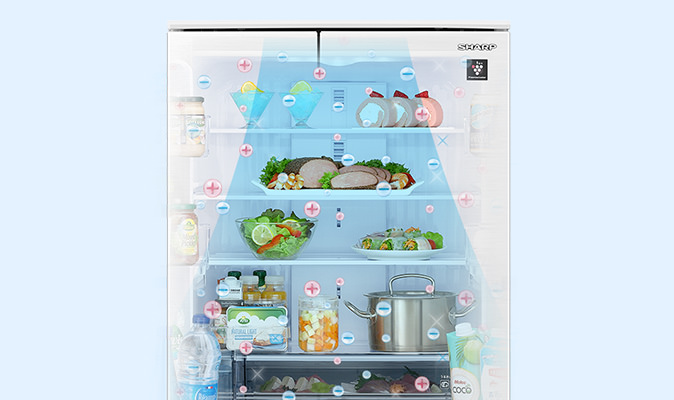 プラズマクラスター集中シャワーモードで冷蔵室内を清潔にするイメージ