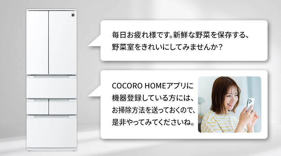 冷蔵庫が野菜室のお掃除を提案し、お掃除方法も教えてくれているイメージ