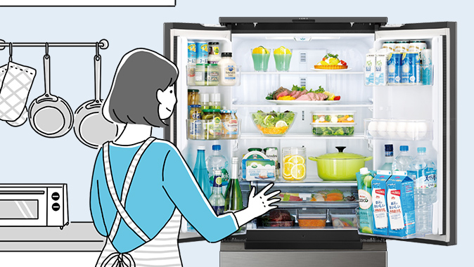 食事の準備で冷蔵庫を開閉しているイラストイメージ