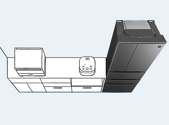 システムキッチンと冷蔵庫のラインが揃うイメージ
